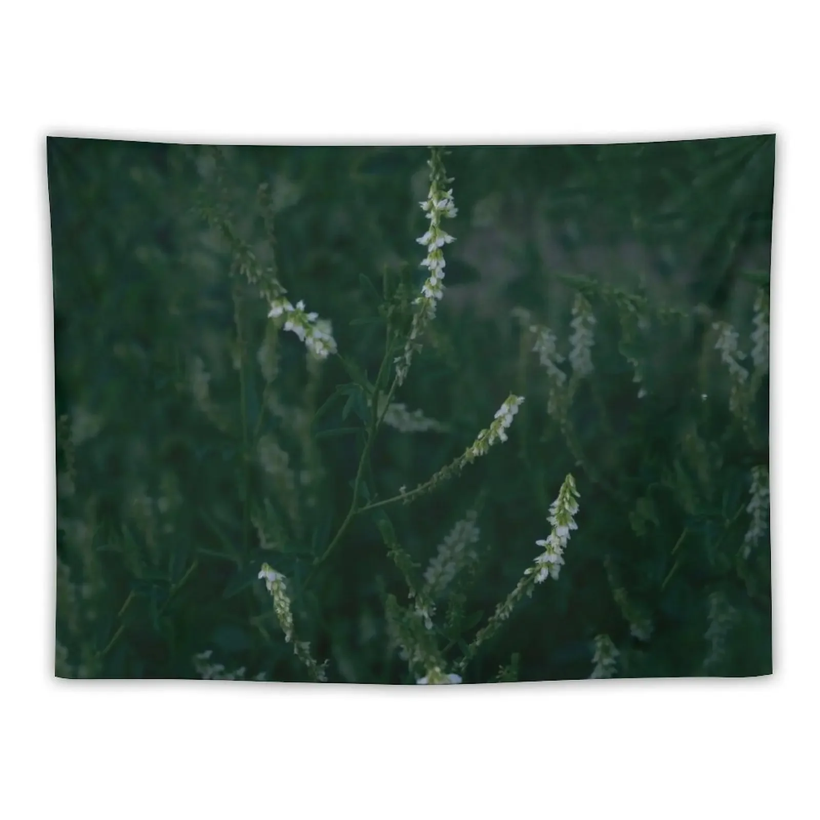 White Flowers Blooming in Dark Green Grass Tapestry Room Aesthetic Room Decorations Tapestry