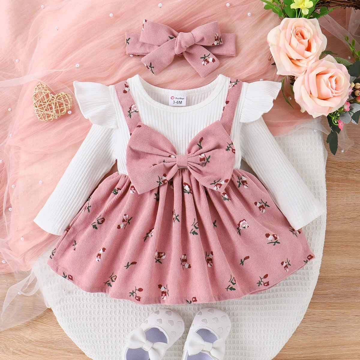 PatPat 2pcs Baby Girl Floral Print Combo Dress with Headband Set Casual/Outdoor Elegant Hyper-Tactile / 3D Sweet