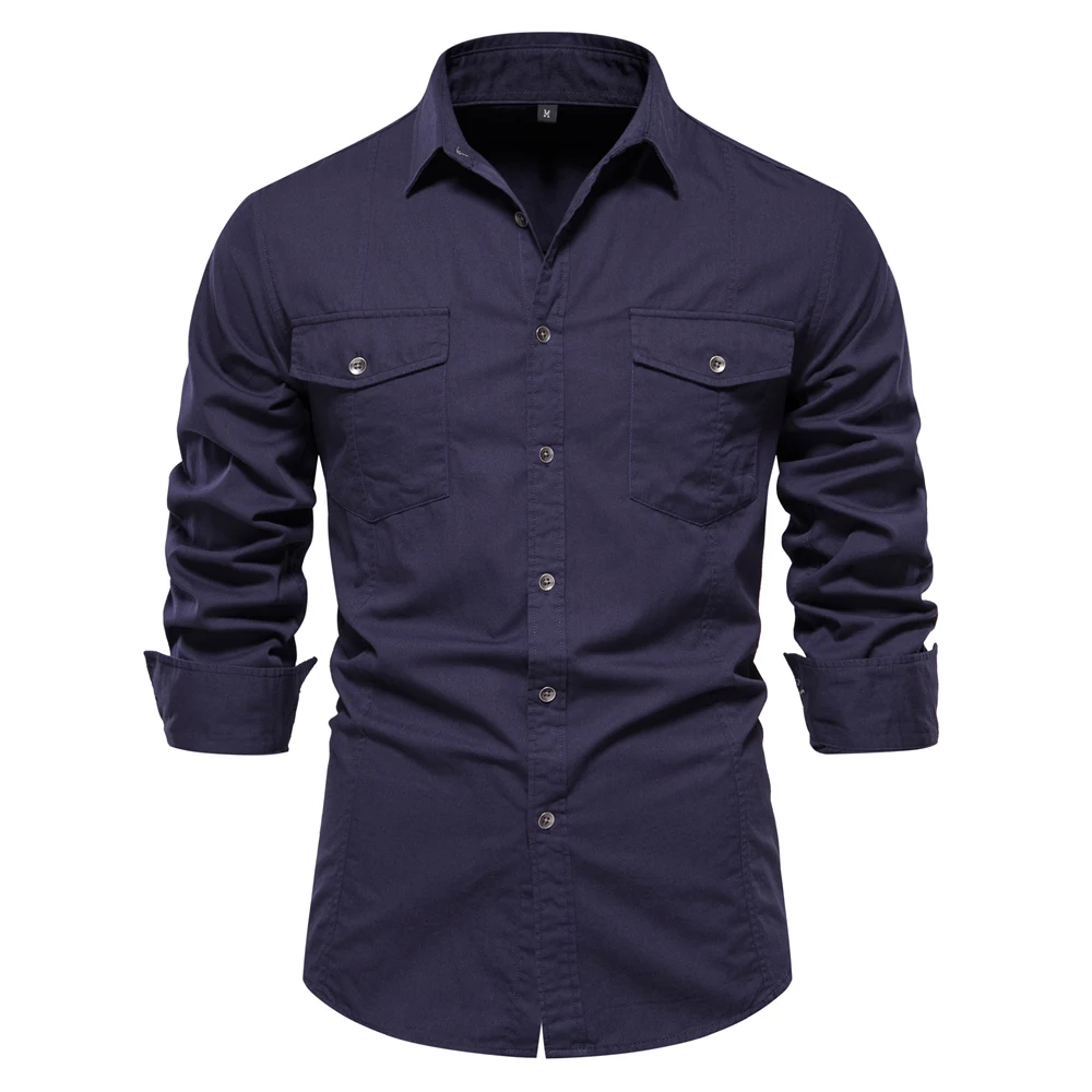 AIOPESON 2023 New Autumn Military Style 100% Cotton Pocket Shirt for Men Solid Color Slim Casual Men Shirts Long Sleeve