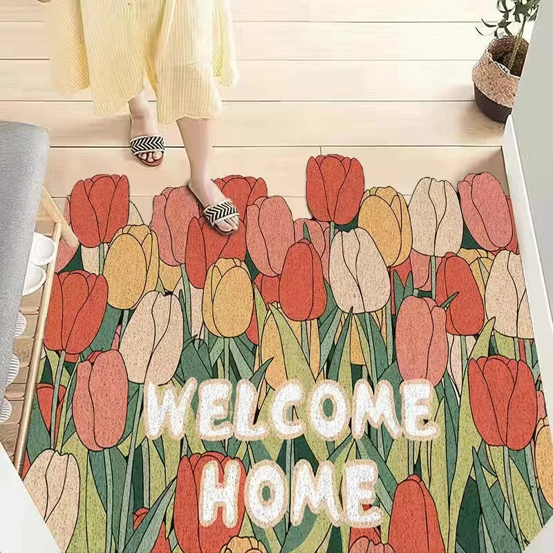 

Household Flower Tulip Pattern Door Mat Carpet PVC Antifouling Doormat Bathroom Non-Slip Living Room Bedroom Porch Entrance Rugs