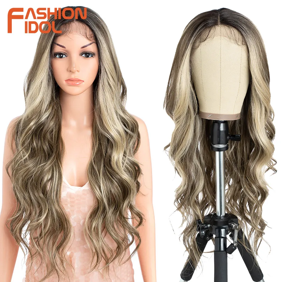 FASHION IDOL Lace Front Wig Synthetic Hair With Baby Hair Body Wave Wigs For Black Women 28 Inch Ombre Brown Lace Wig Cosplay