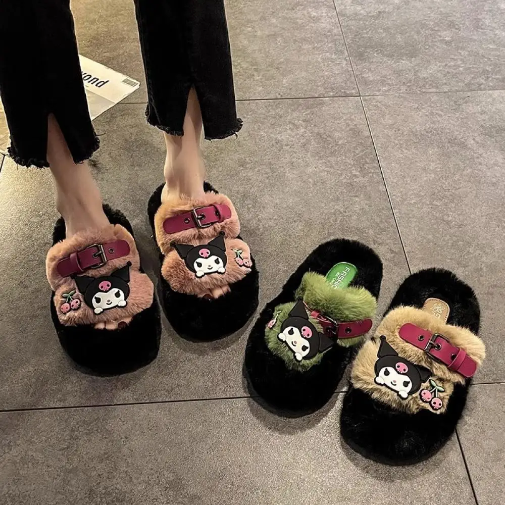 

Fashion Sanrio Kuromi Women's Shoes Plush Slippers Cute Autumn and Winter Thick Sole Versatile Cotton Slippers Birthday Gifts