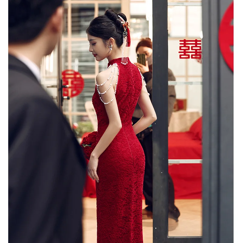 Sexy Cheongsam Toast Clothing Summer Small Engagement Dress Wine Red Lace Chinese Style Young Slim Women Qipao Wedding Dress