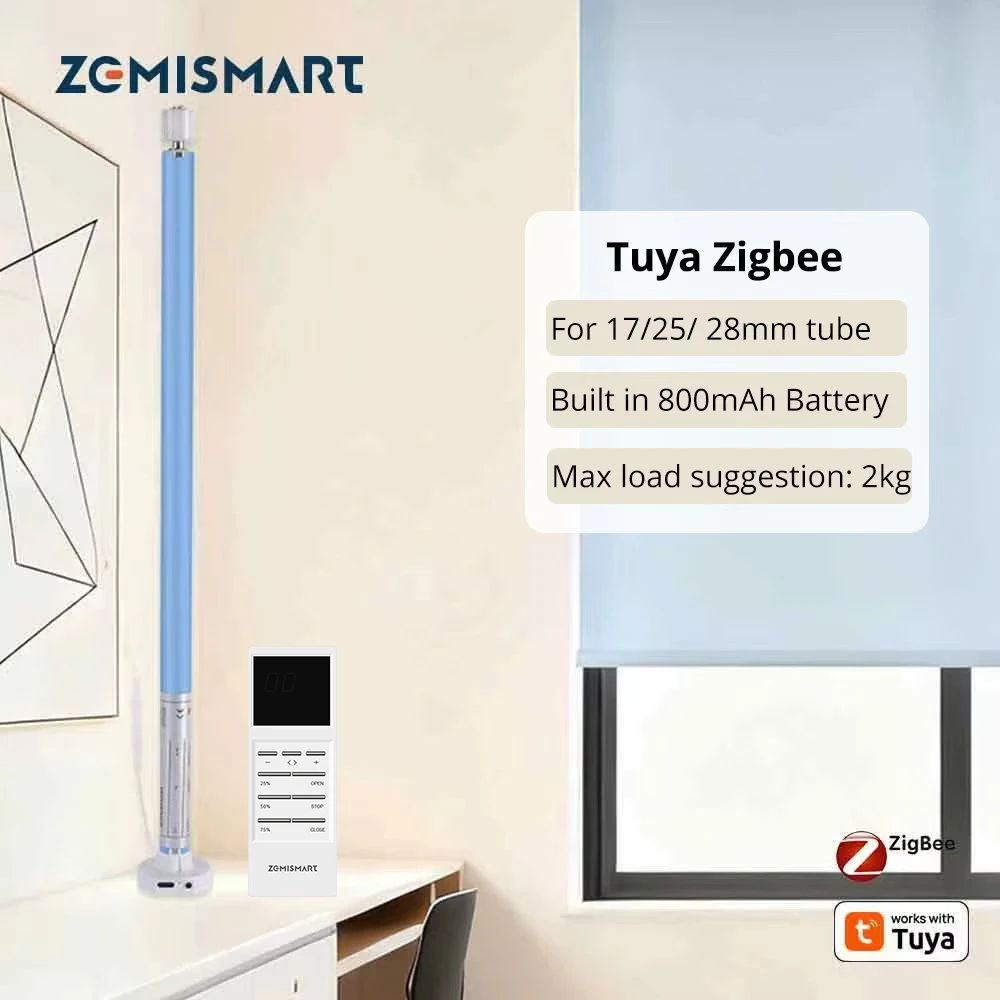 

Zemismart Zigbee Smart Rechargeable Roller Shade Blinds Motor for 17mm 25mm 28mm Tube Work with Tuya Smart Life App