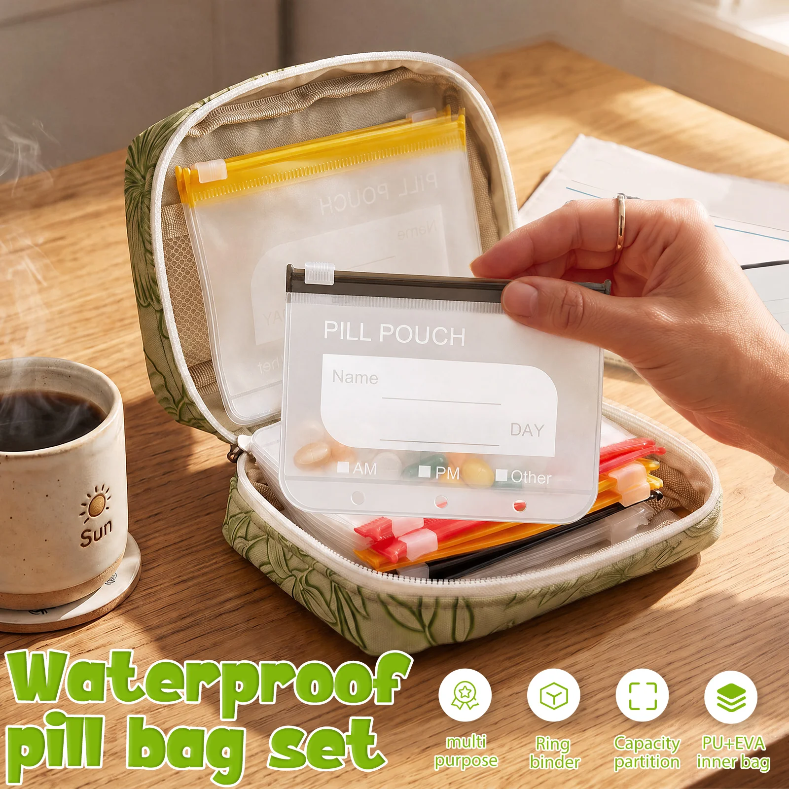 Waterproof A8 Pill Pouch Organizer Portable Travel Vitamin Storage Bag with 14Color Zipper Coding Bag Binder Weekly Medicine Box