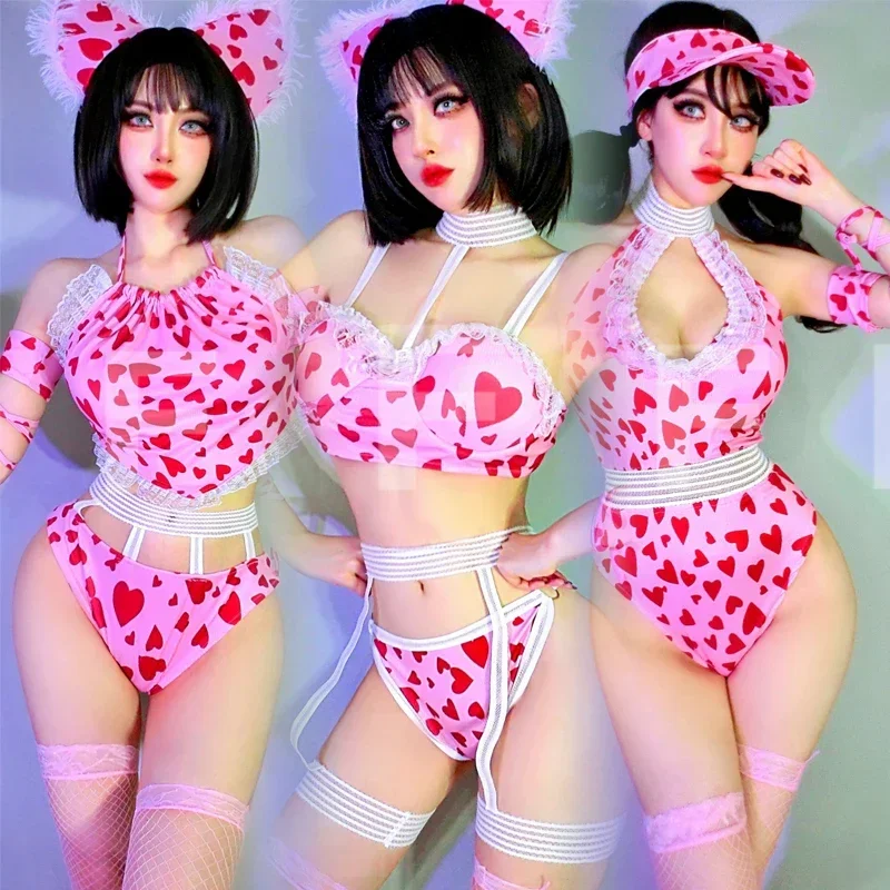 

Бар, ночной клуб, Dj Ds, сценическая одежда для танцев на пилоне, боди с розовым сердечком, Gogo Dancer, бикини, головные уборы, женский праздничный наряд XS4783