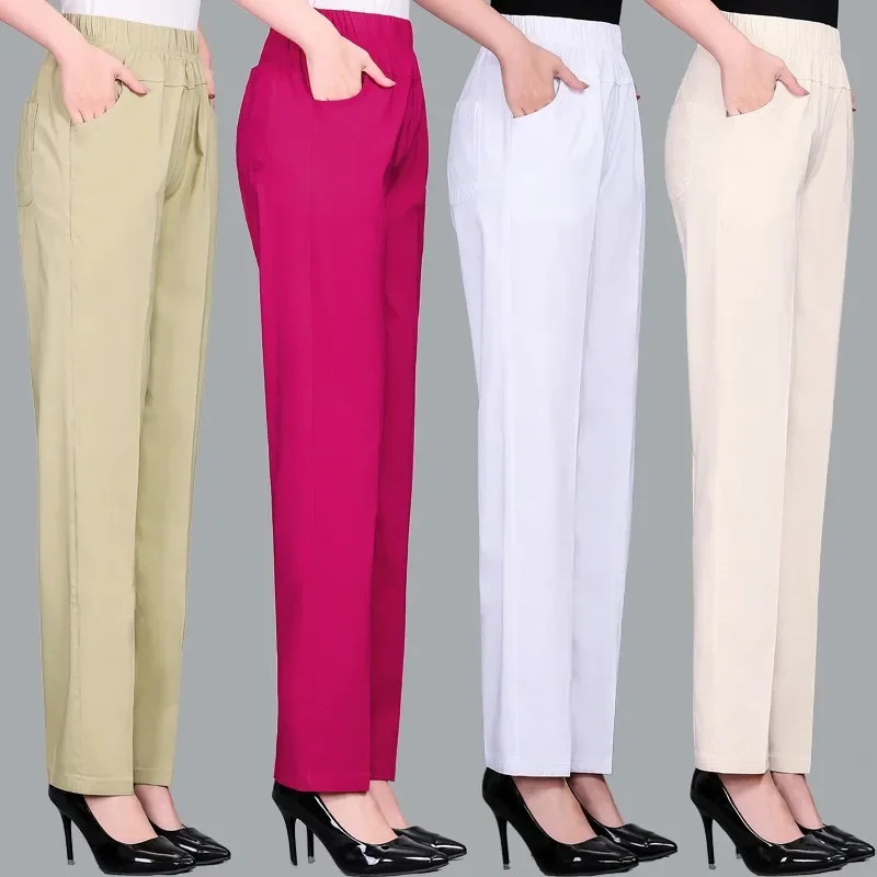 

Women's Trousers Spring Summer Stretch Waist Cotton Pants Middle and Old Lady Solid Casual Pants 5XL V20