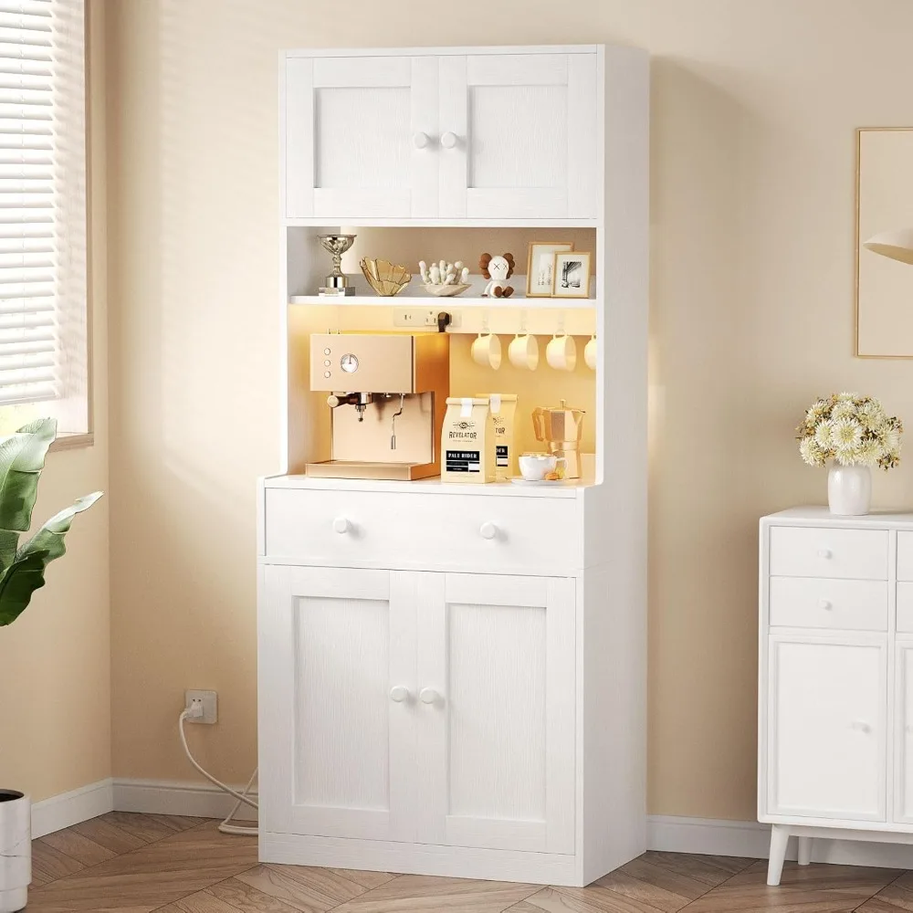 Pantrykast met stopcontact LED-licht, 71 keukenopbergkast met 4 deuren, kast met magnetronstandaard, kast met D