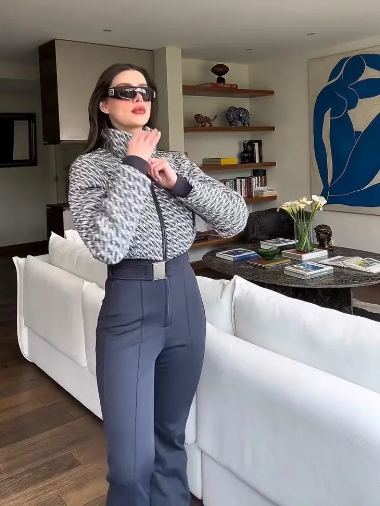 أنيقة طباعة رشاقته بذلة التزلج المرأة شيك كم كامل الوقوف طوق سستة حزام طويل رومبير موضة الدافئة عالية الخصر السروال القصير #2