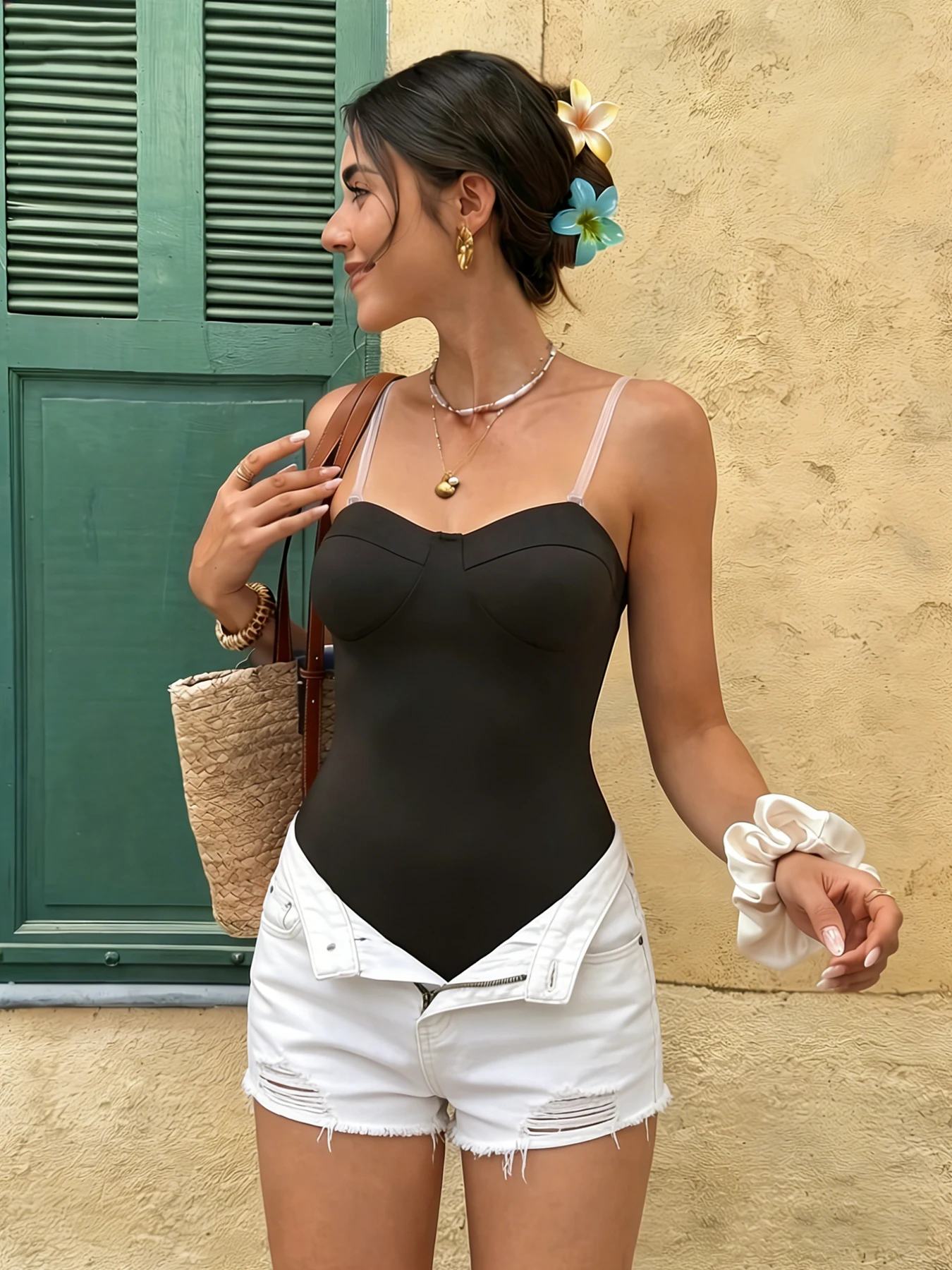 

Women SpaghettiStrap Sweetheart Black Satin FormFit Bodysuit SexyEdgy Lounge SpringSummer ChicStreet DateNight Stretch Bodysuit