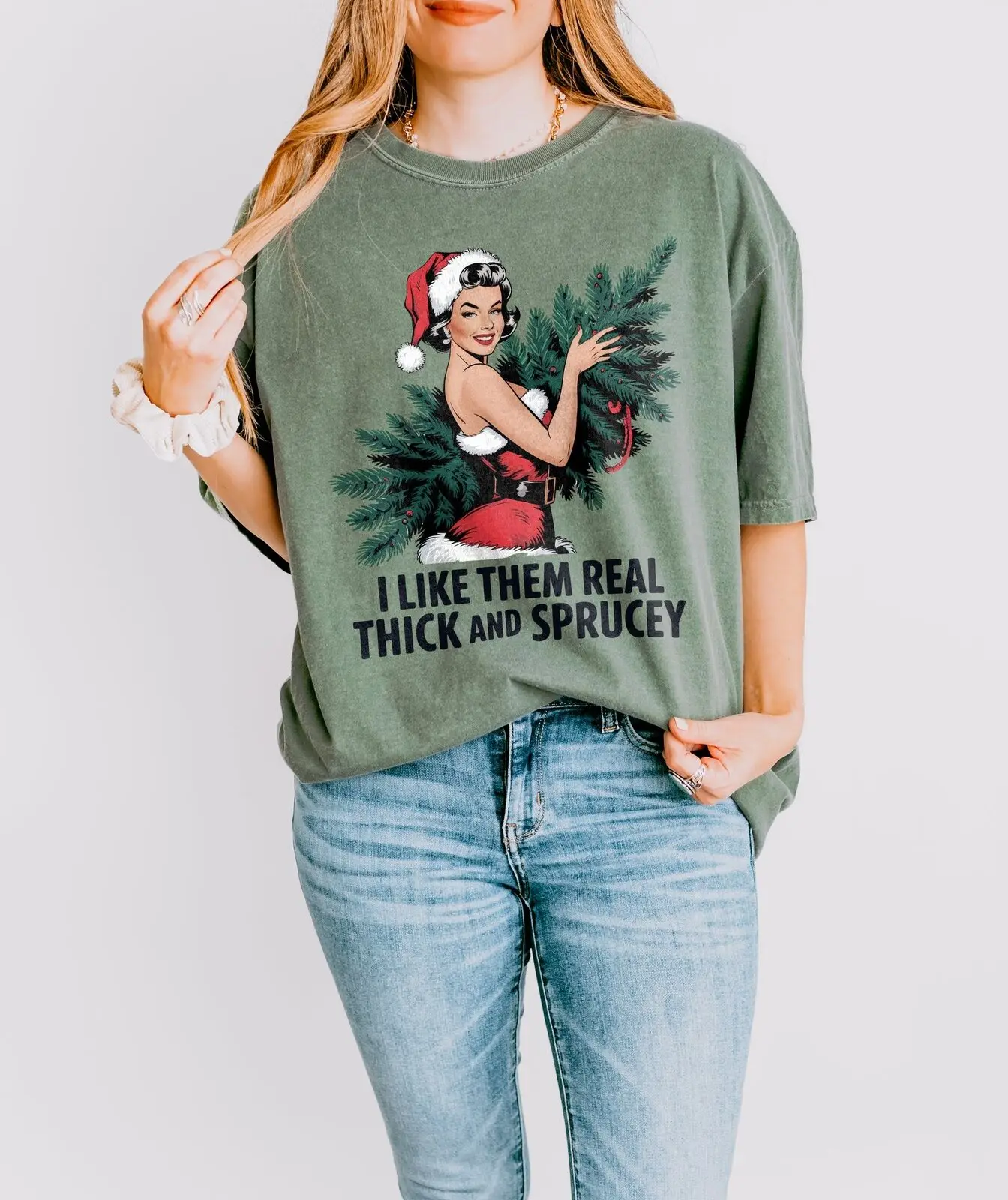 Christmas Retro T-Shirt, Funny Holiday Graphic of Pin-Up Girl and Spruce Tree