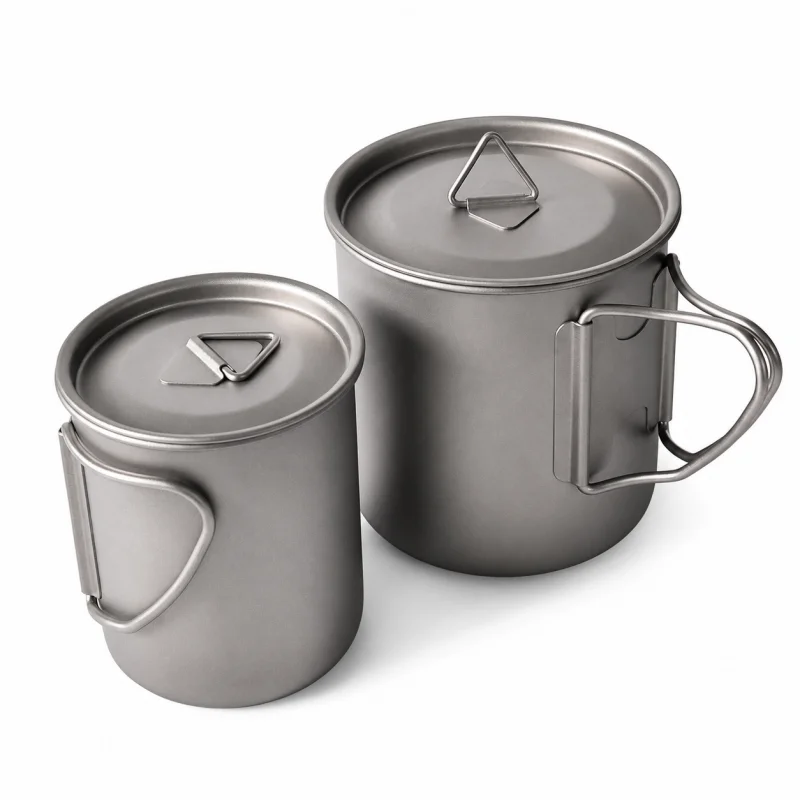 Image of Reines Titan-Campingbecher-Set, 300ml & 600ml Stapelbare Tassen mit Deckeln, Klappbaren Griffen und Netzbeutel für Camping, Wandern, Reisen