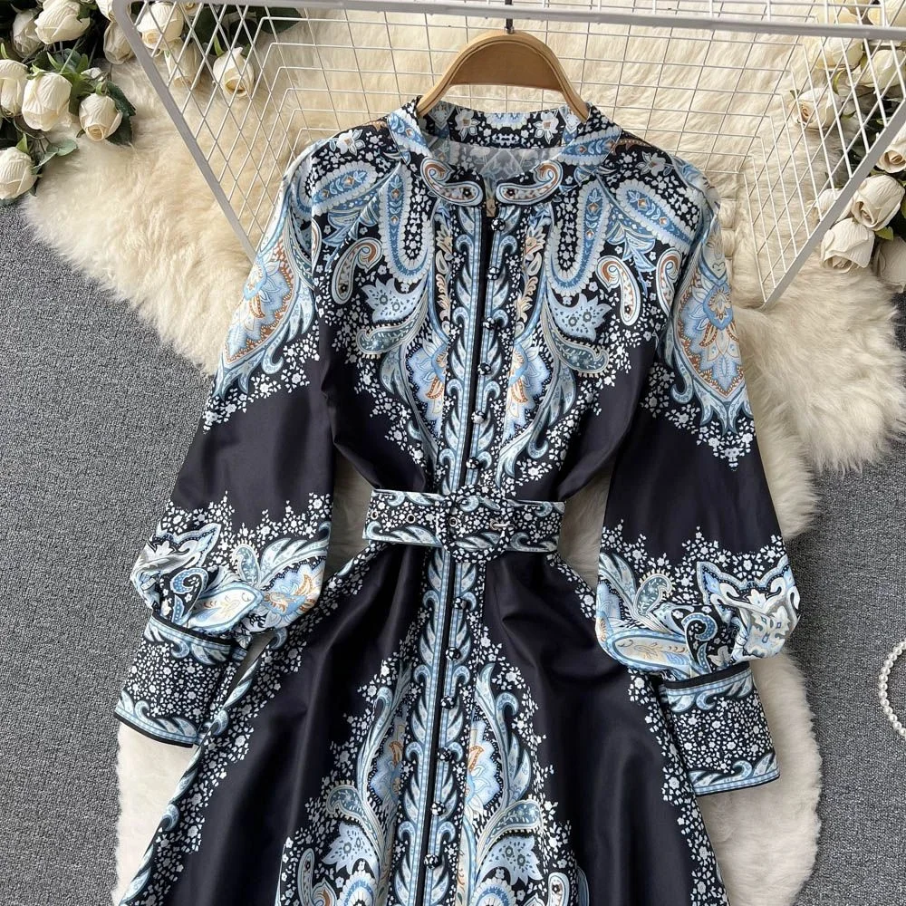 Retro Court Sle Floral Print Long Dr Women's Single Button Lantern Sve Empire Waist A-Line Knee-Length Dr