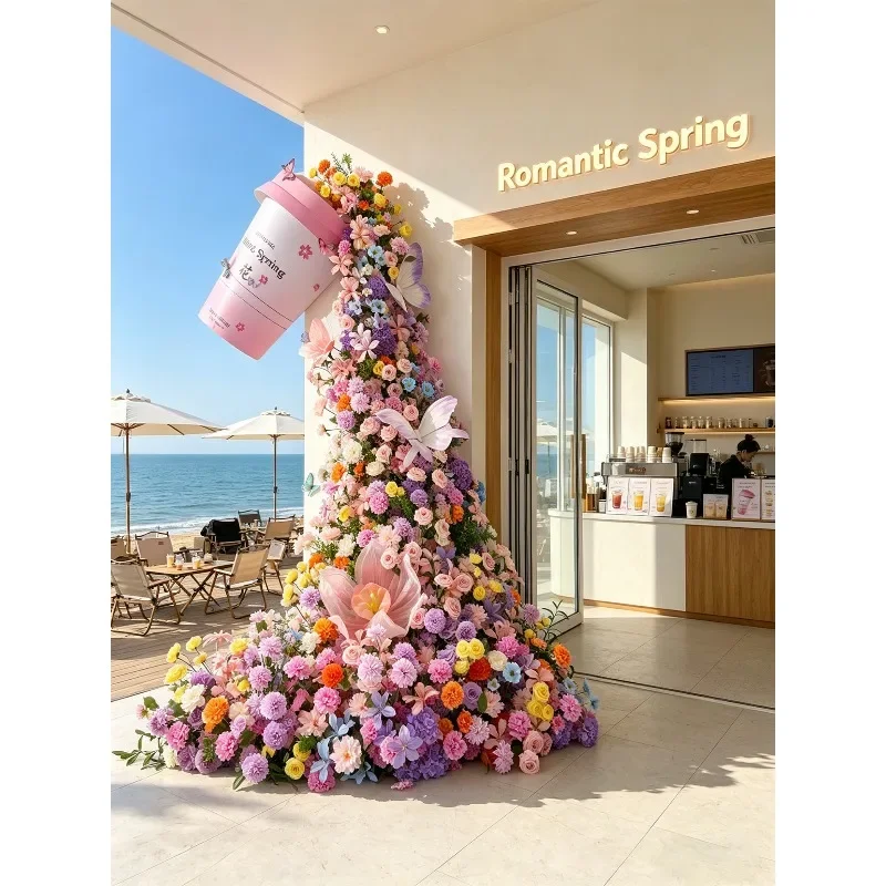 Pink waterfall simulation flower wall milk tea coffee shop door atmosphere decoration flower Internet celebrity clock in fake fl