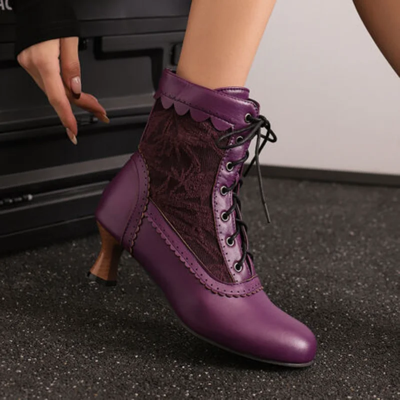 2025 Women Victorian Pointed Toe Ankle Boots Leather Lace Hollow Out Punk Lace Up Strange Steampunk High Heel Shoes Size 47