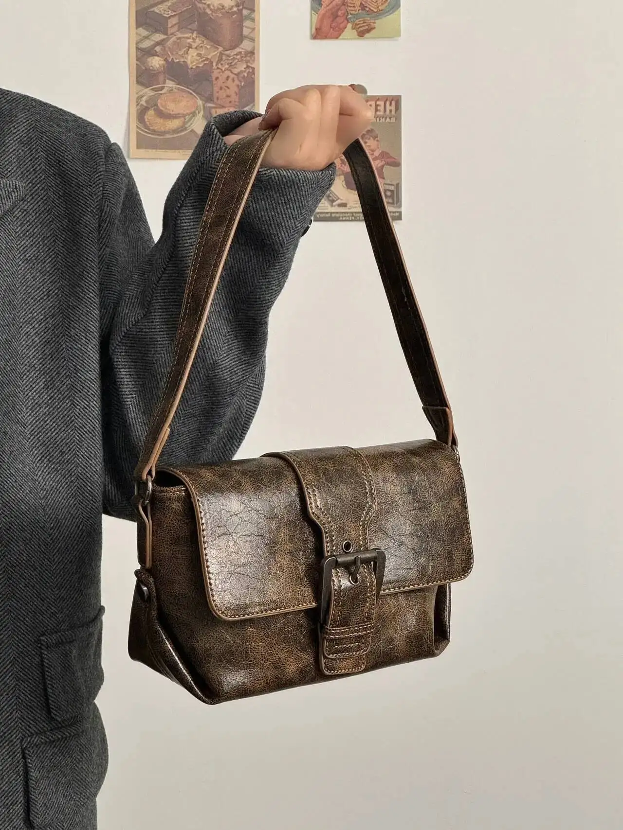 Bloom Vintage Brown Underarm Bag Women New Retro Handle Crocodile Pattern Casual Y2k Handbag Ladies Haruku Solid Bolsa 2024