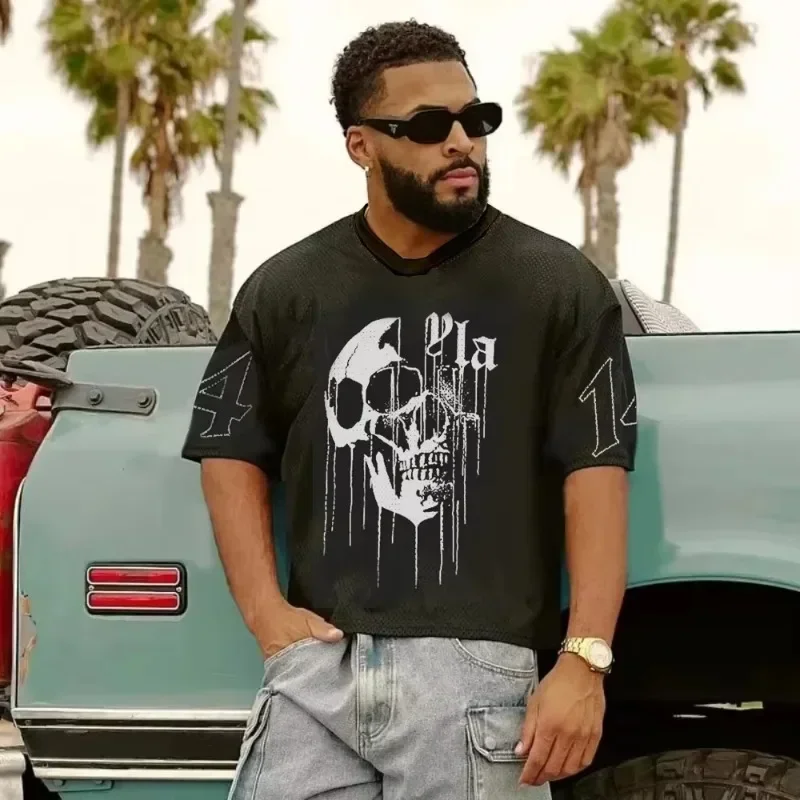 

2025 Mexican Style Cotton Round Neck Fitness T-shirt Skull Pattern Print Fitness Casual Fashion Street T-shirt Men's Y2K