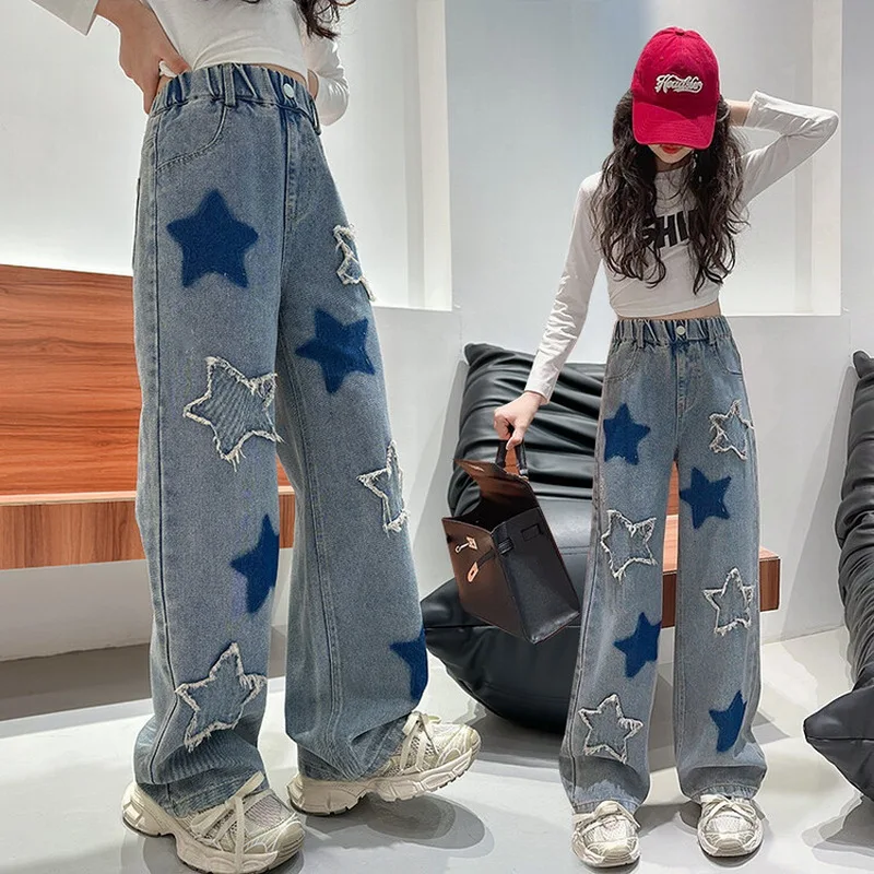 Baby Girls Loose Pants 2024 Spring Autumn New Fashion Side Five-Pointed Star Design Pants Children Trousers Kids 5 7 9 11 13 14Y