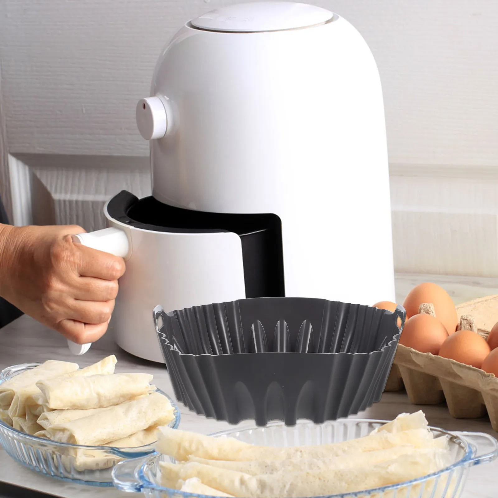 Revestimiento de silicona para freidora de aire, cesta de repuesto con doble asa, bandeja de cocción antiadherente resistente al calor para alitas de pollo y pescado