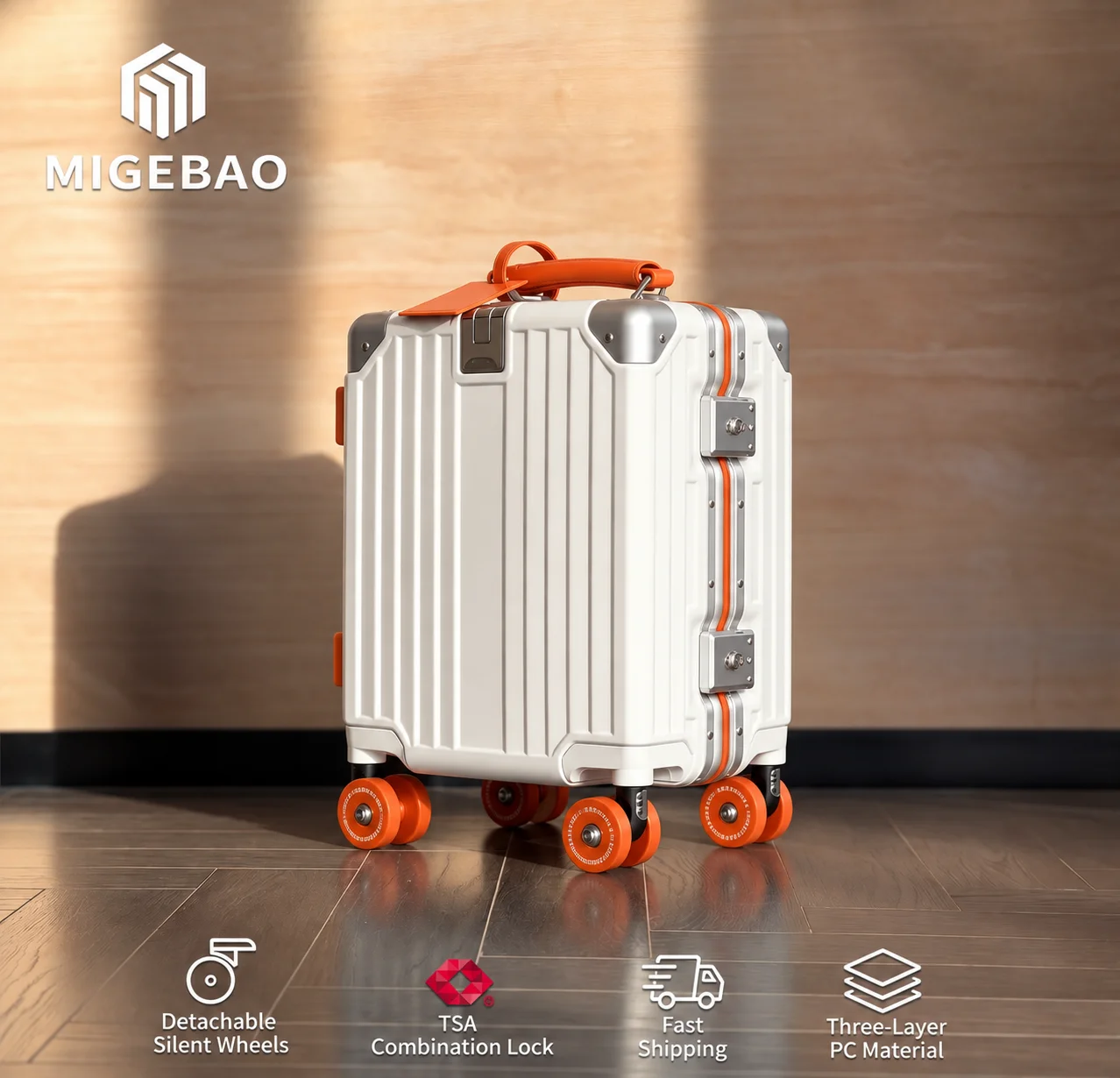MIGEBAO 14 Inch Stylish Two Tone Carry On Slim Handle Student Luggage Removable Silent Wheels TSA Lock White Orange Travel Case