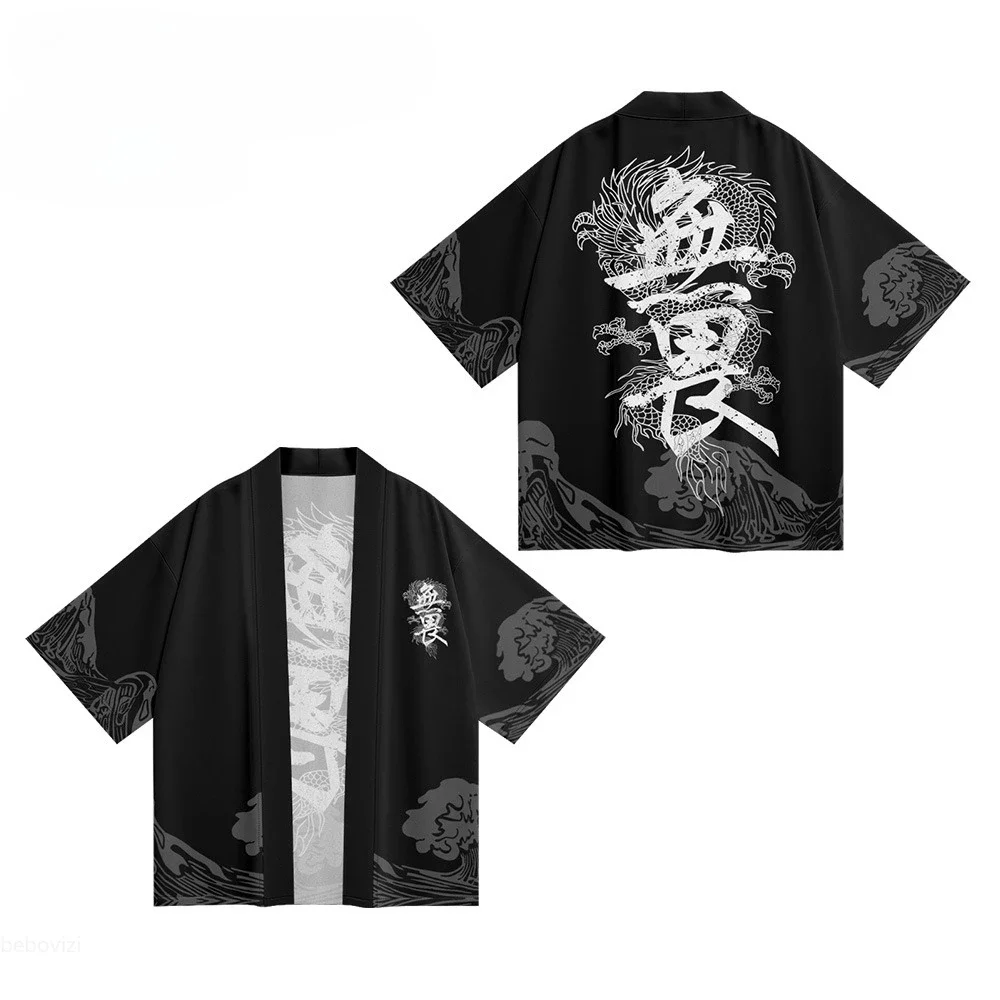 سترة الشارع الشهير للرجال والنساء Haori 2025 تصميم جديد لموجات رامين مطبوعة كيمونو يوكاتا ملابس الشاطئ اليابانية رداء حجم كبير