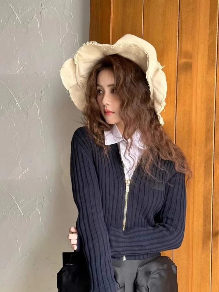 Casual Women Navy Zip-up Knit Cardigans 2023 Fall Vintage Lapel Long Sleeves Solid Color Sweaters Female Chic Knitwears