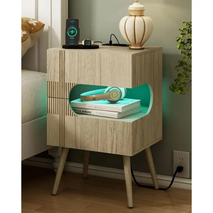

Nightstand with Charging Station and LED Lights,Modern Bedside Table with 2 Storage Drawer,Night Stand with Solid Wood Legs,Whi