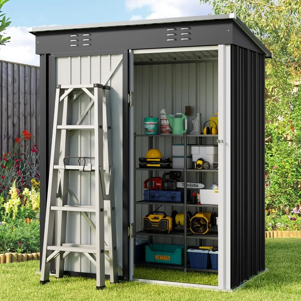 

5 'x 3'Outdoor Storage Shed with Singe Lockable Door,Galvanized Metal Shed with Air Vent Suitable for The Garden, Dark Gray