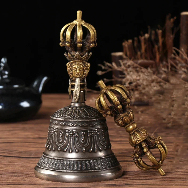 Nepal Tibetan Bells Handmade Carved Brass Vajra Bell Pestle Buddhist Meditation Chimes Handheld Tibetan Bell Sound Healing Gifts