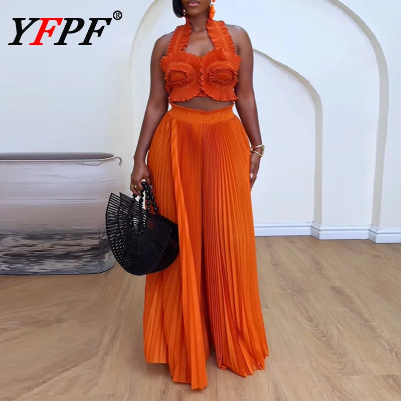 

YFPF Streetwear Miyake Pleated Women 2 Piece Set Fashion Sleeveless Short Tops + High Waist Long Skirt Elegant 2025 New 3A165