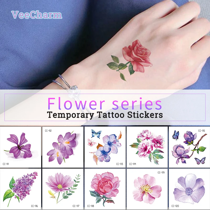 VeeCharm - Watercolor Floral Temporary Tattoos for Women, Lively & Fresh Flower Stickers for Shoulder & Wrist, Vibrant, 25 P/set