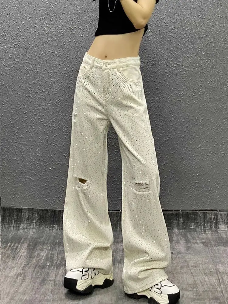 미국 하이 스트리트 풀 라인스톤 패치워크 여성용 여름 Y2K 핫걸 루즈핏 릴렉스드 슬라우치 디자인 데님 팬츠