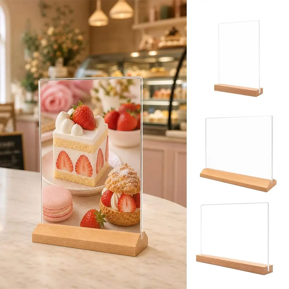 Double Sided Acrylic Sign Holder Wood Base A4/A5/A6 Size Bulletin Board Table Top Acrylic Material Acrylic Poster Frame