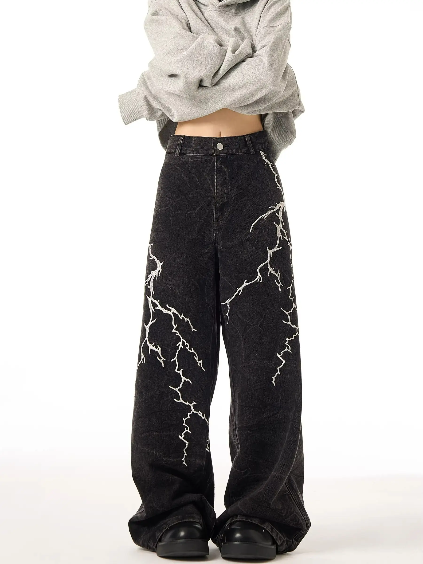 

Y2K Lightning Jeans Couple Retro Semi Elastic Waist Straight Leg Loose American Hip Hop Casual Pants Trendy