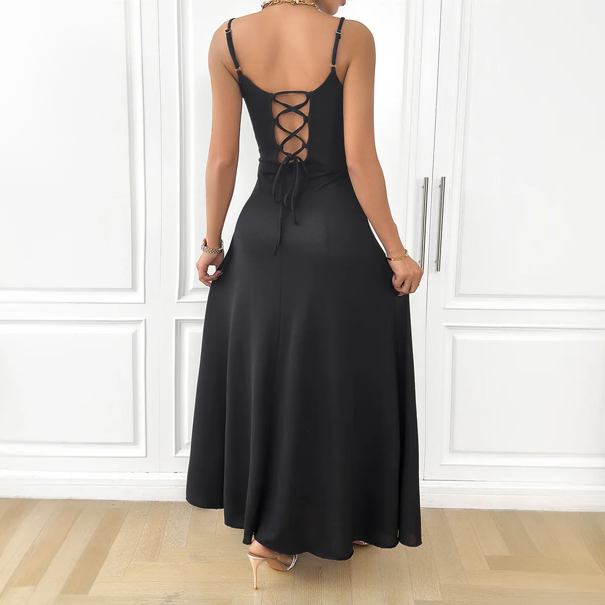 Charmoso vestido preto feminino primavera verão elegante doce legal cor sólida estilingue rendas vestidos longos roupas