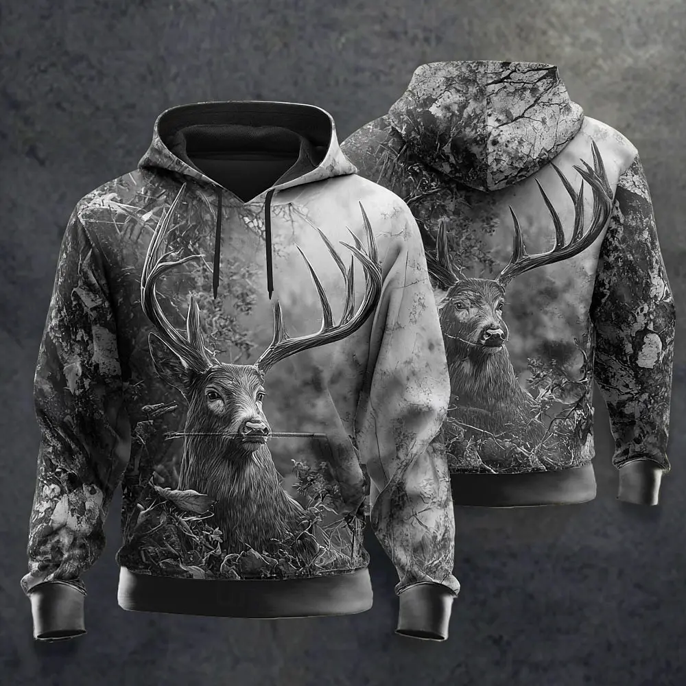 2026 Herbst Outdoor Herren Tier Hirsch 3D-Druck mit Kapuze Jagd Hoodies Sweatshirt Langarm Rundhalsausschnitt Streetwear Kordelzug Tops