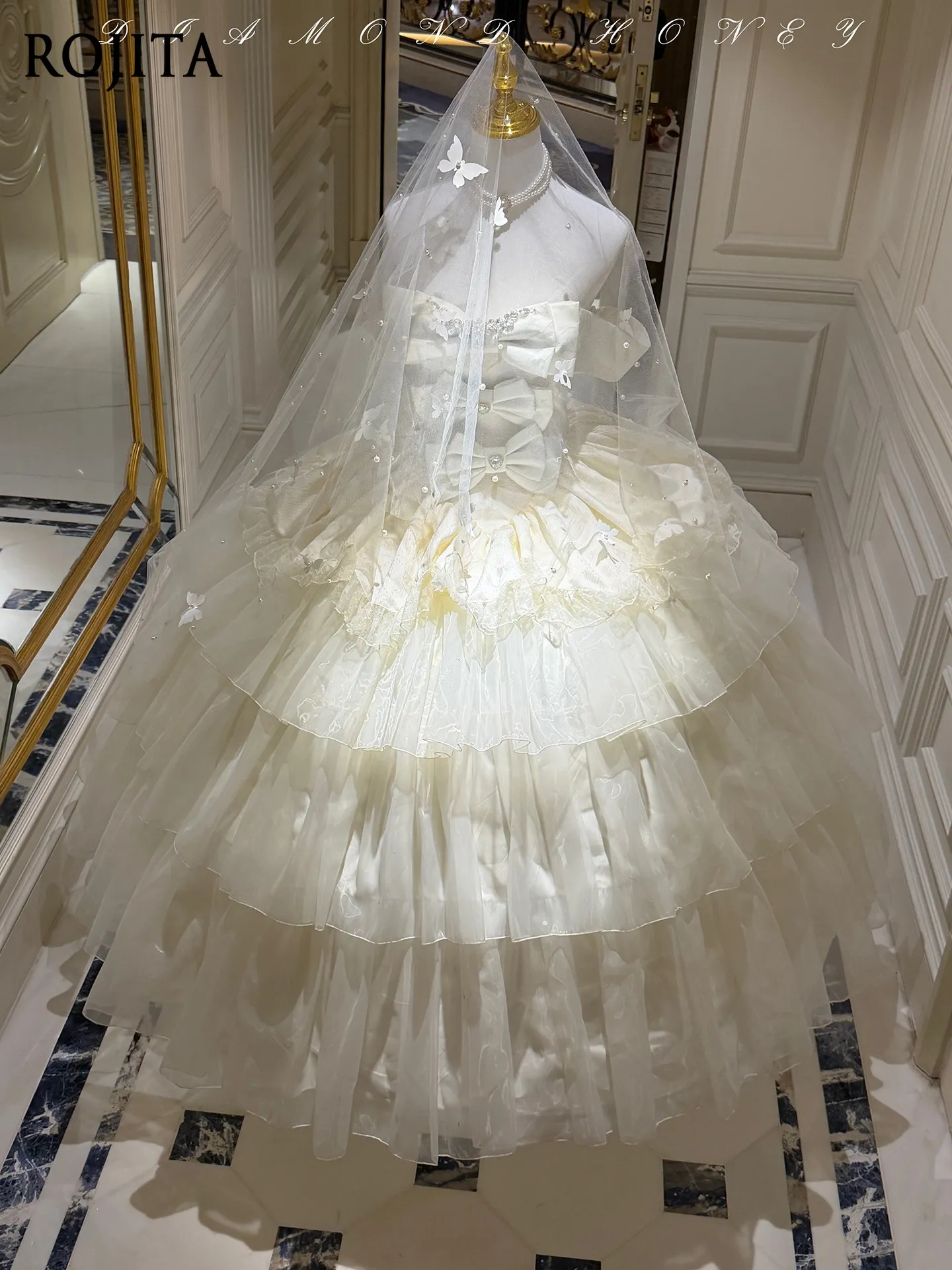 Off Shoulder White Satin Lolita Wedding Ball Gown Rhinestone Bow Decor Multi-Layer Sheer Tulle Voluminous Princess Formal Dress