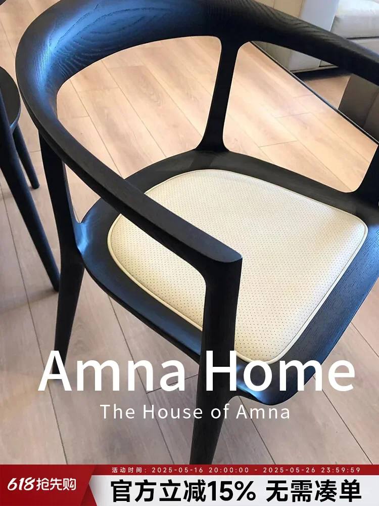 dining chair Italian wabi style simple solid wood armchair, medieval restaurant home leather book tea chair