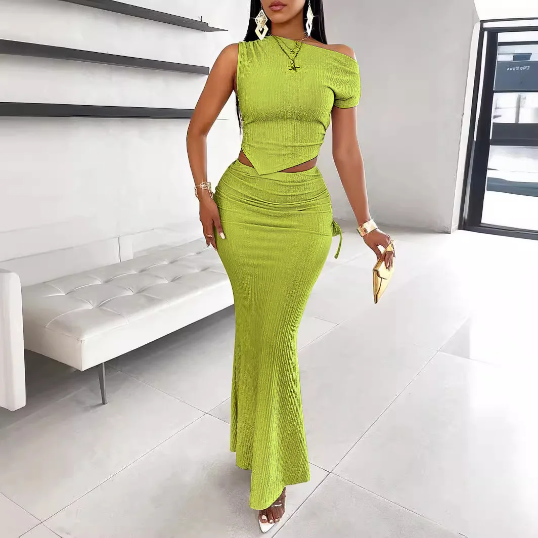 

Облегающее длинное платье на одно плечо с коротким рукавом, однотонное обтягивающее клубное платье, платья русалки, женское платье из двух частей с рюшами