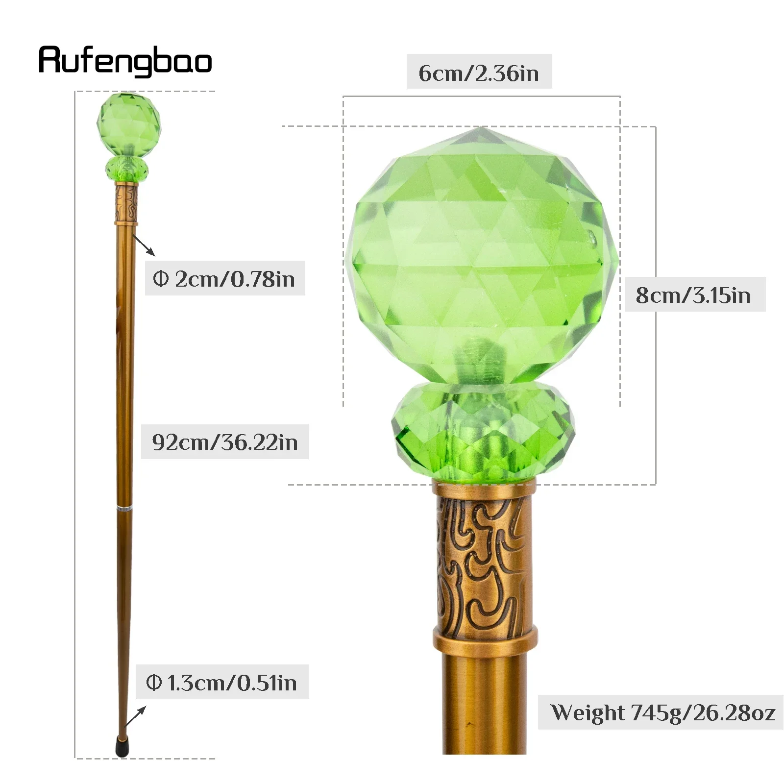 Green Glass Ball Walking Cane Fashion Decorative Luxury Stick Decorative Cane Elegant Fashion Cosplay Alloy Crosier Stick 92cm