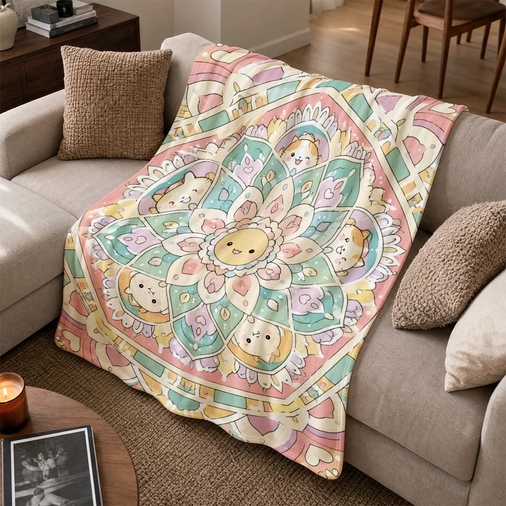 Cute Boho Mandala Throw Blanket for Sofa Couch Decorative Pastel Cartoon Print Cozy Nursery Throw Decor Gift