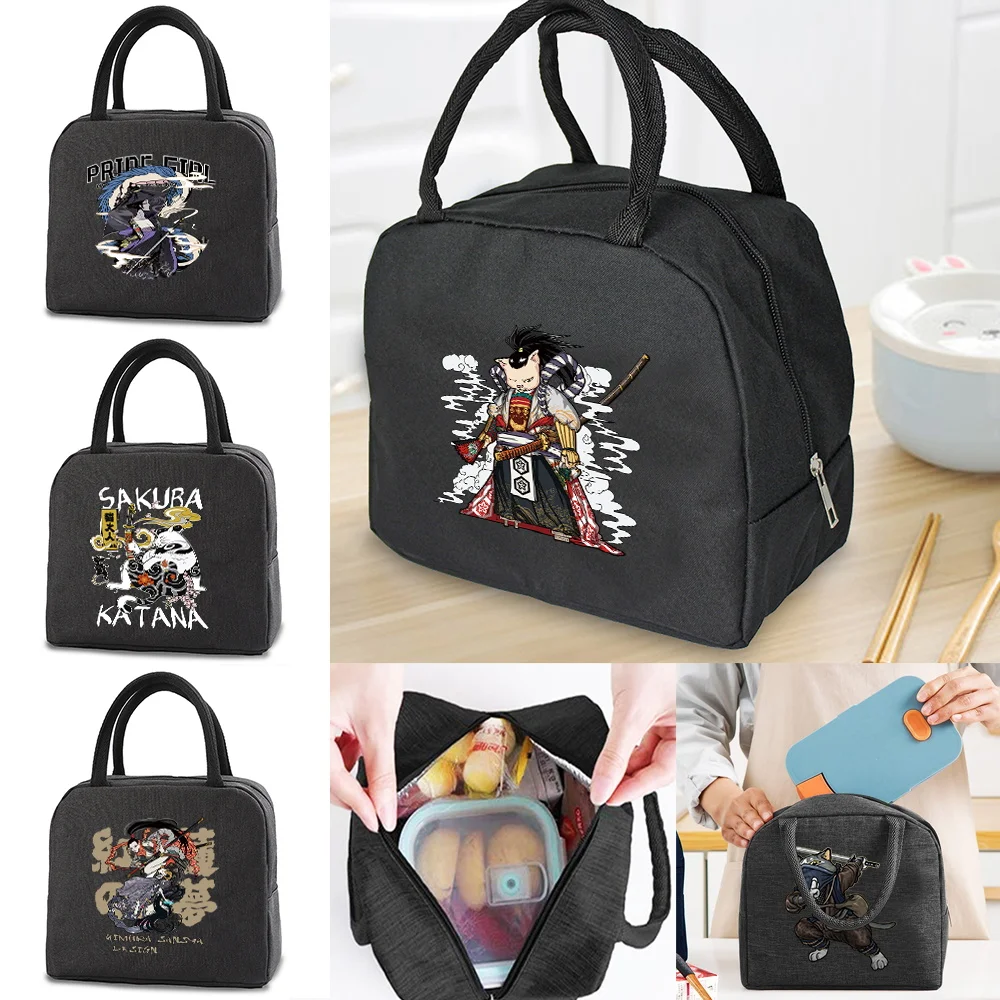 Portable Lunch Box for Women Thermal Insulated Kids Lunch Box Men Handbag Food Picnic for Work Cooler Storage Bags Samurai Print