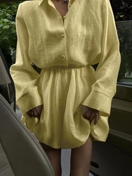 Marthaqiqi Casual Women'S Nightgowns Suit Long Sleeve Nightwear Turn-Down Collar Sleepwear Short Skirt Loose Ladies Pajamas Sets