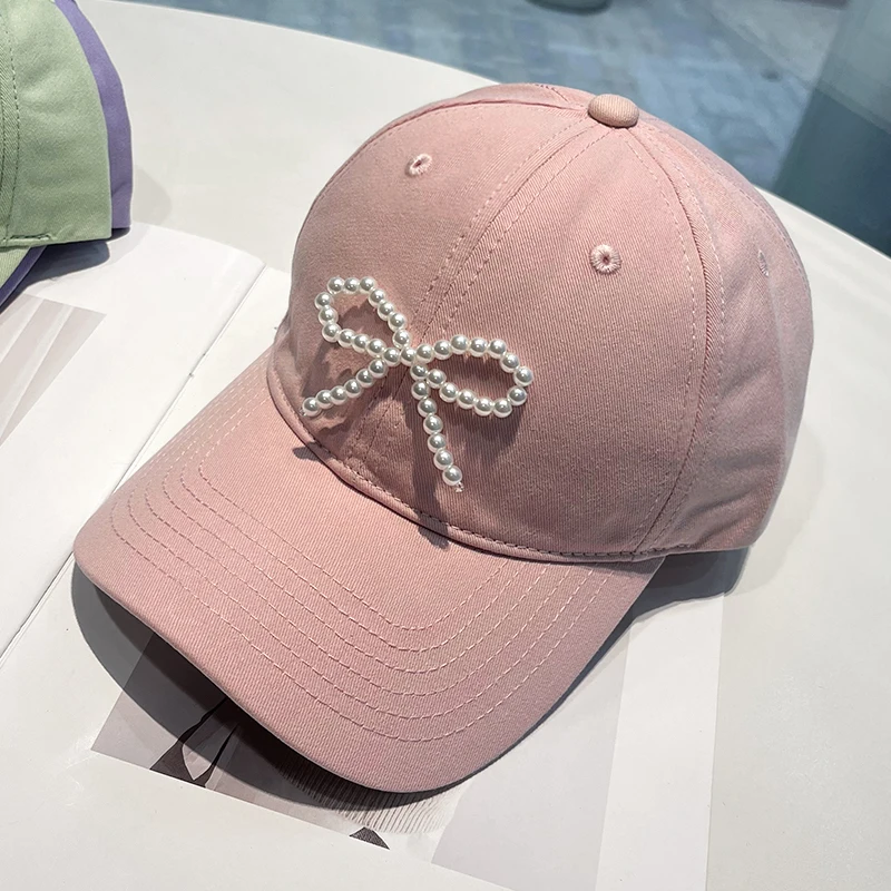 

Candy Color Baseball Hat Visor Sweet Pearls Bow Design Sun Cap Women Summer Beach Hat Adjustable