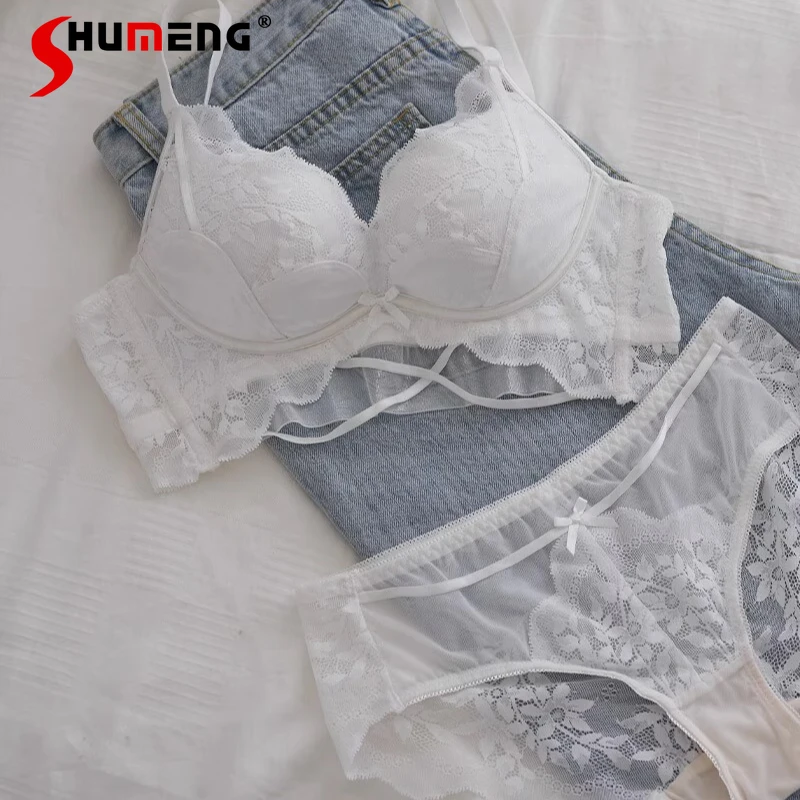 الدانتيل مثير الملابس الداخلية البيضاء مجموعة للنساء الصغيرة الصدر رفع تعزيز العشير الإناث النمط الياباني الصدرية الدانتيل الدعاوى موجز