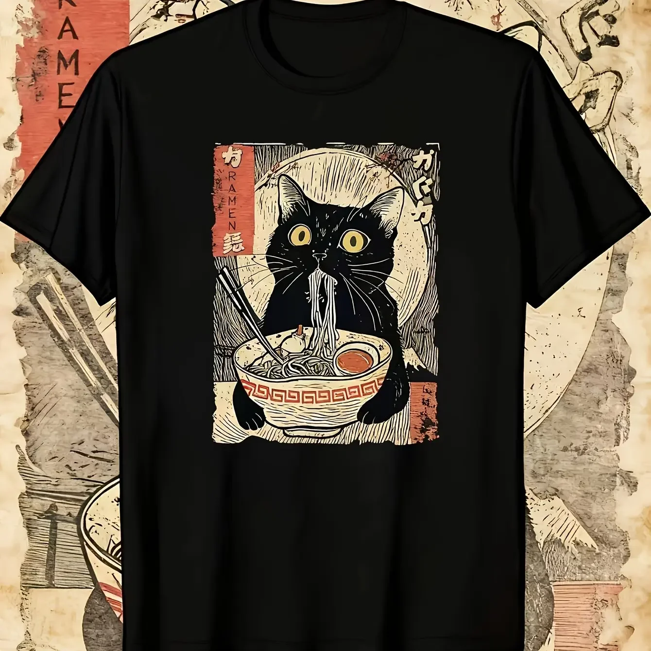 Japanese Ukiyo-e Style Black Cat Ramen T-shirt Unisex Cute Cat Pattern Pure Cotton Casual Top