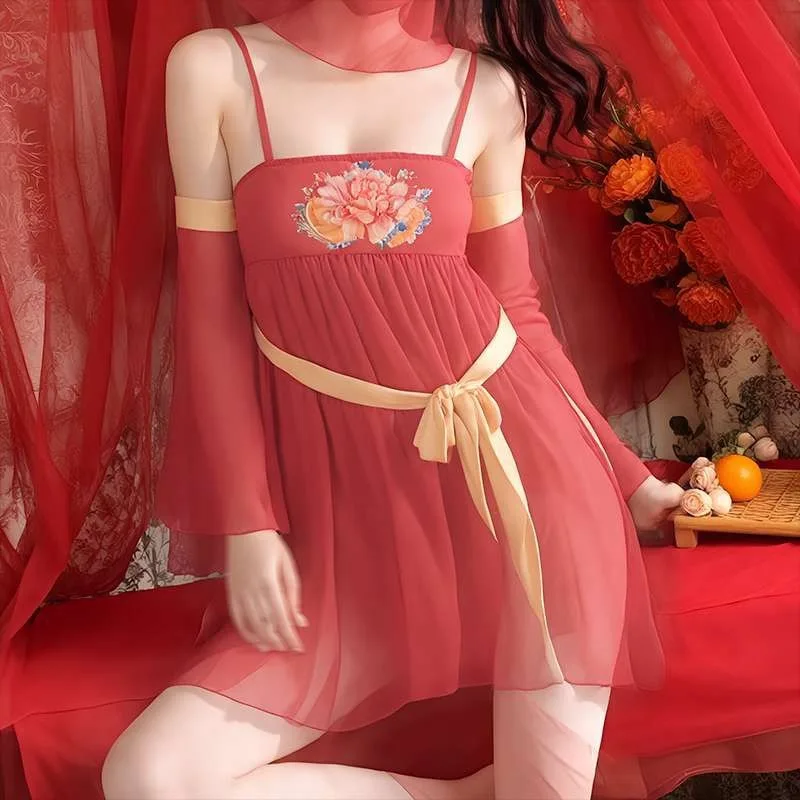 Ancient Style Sexy Hanfu Dress Elegant Transparent Flower Print Backless Deep V Nightdress Traditional Chinese Bellyband Pajamas