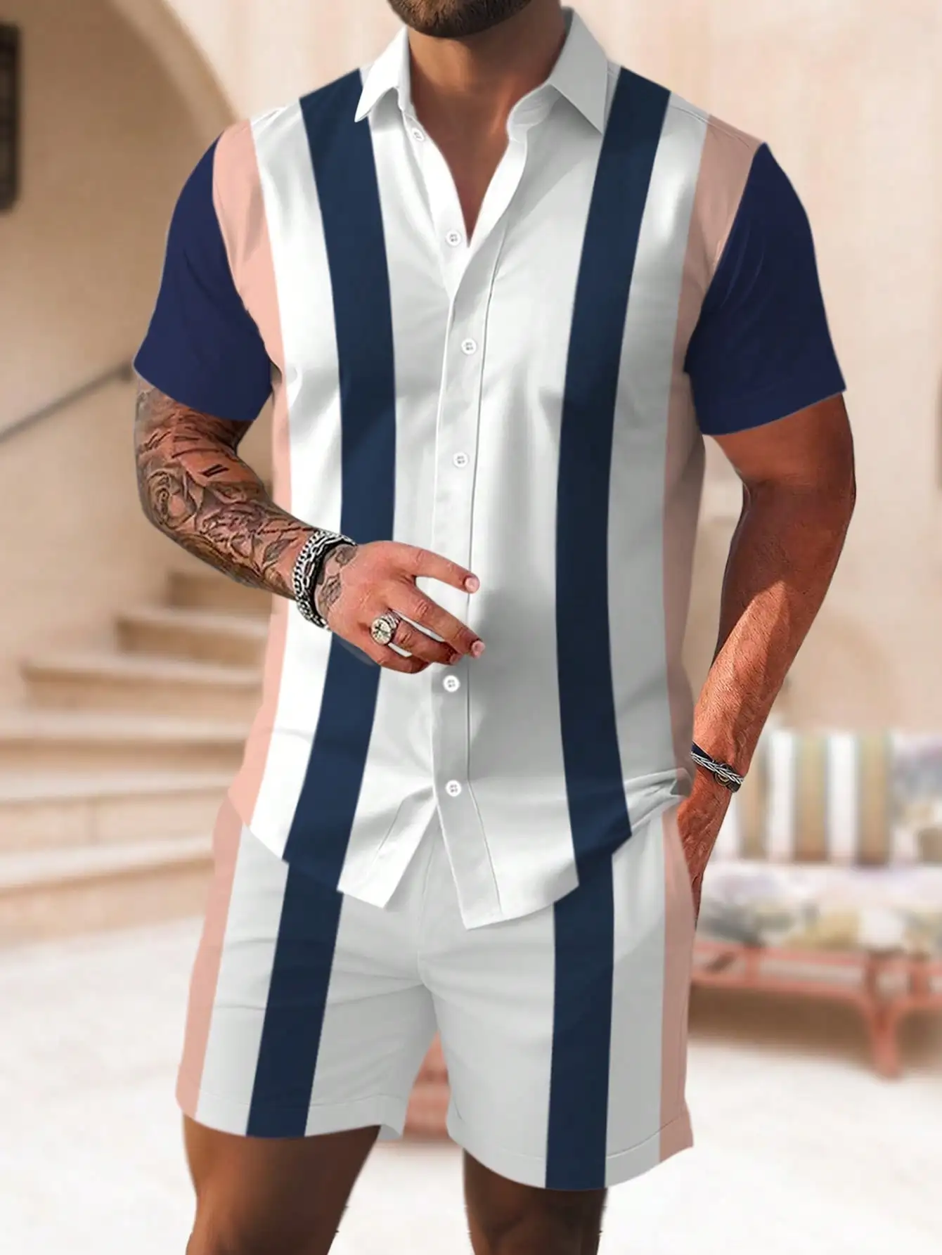 Summer Fashion Suit Men's Stripe 3D Printing Men's Quick-dry Shirt Loose Drawstring Shorts Men's Vacation Suit  Beach Shorts Set
