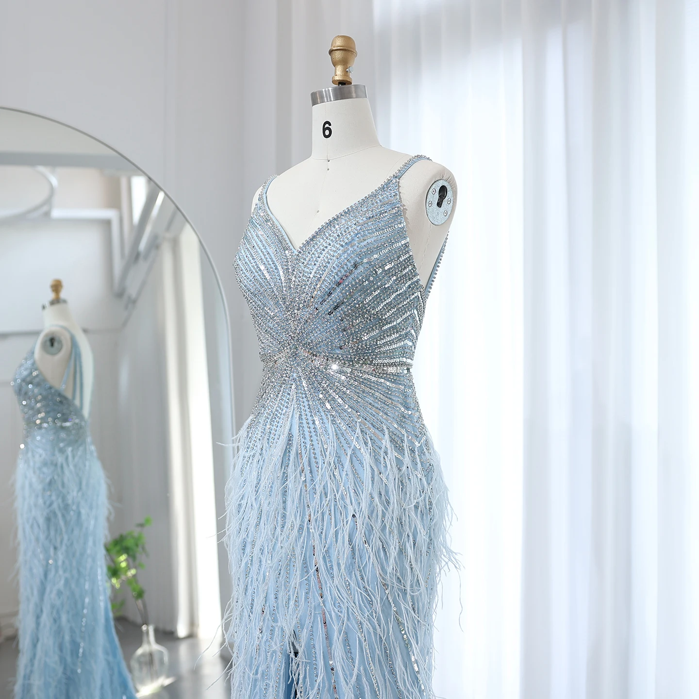 Sharon Said Dubai Luxuriöse Feder-Meerjungfrauenkleider in Silber für Hochzeiten, Blaues Arabisches Abendkleid, Partykleider SS004 Maßanfertigung – Detail 35
