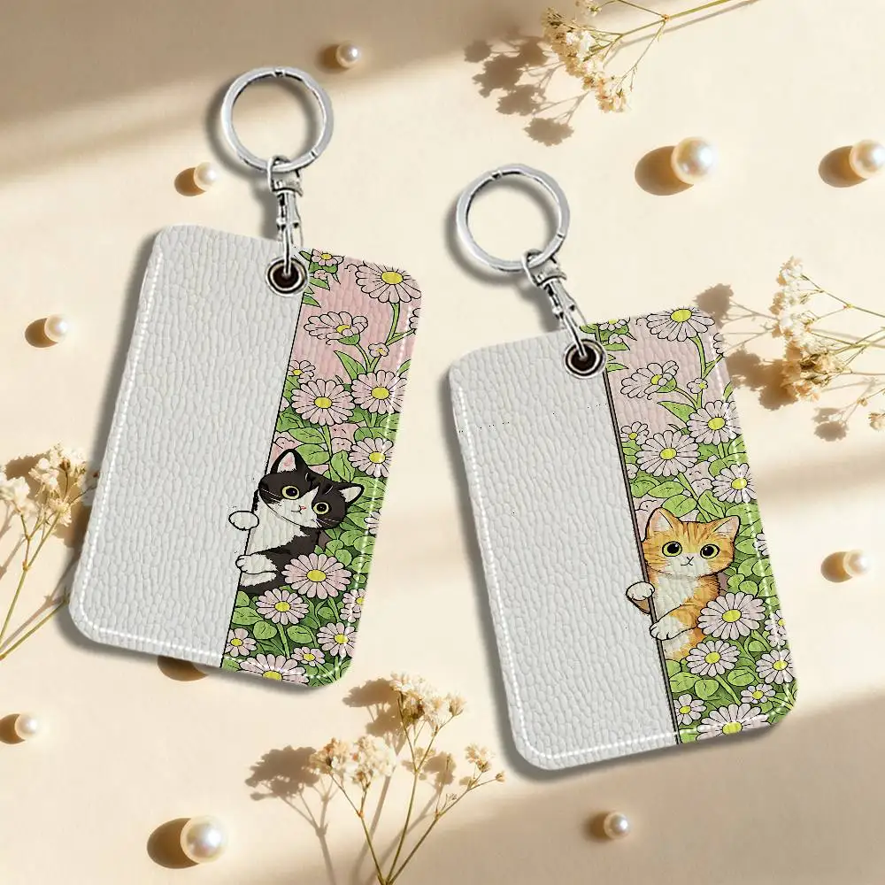 Porte-clés rectangulaire en cuir PU souple motif chat mignon et fleur marguerite, porte-cartes, protège-badge étudiant, carte de bus, carte d'ascenseur